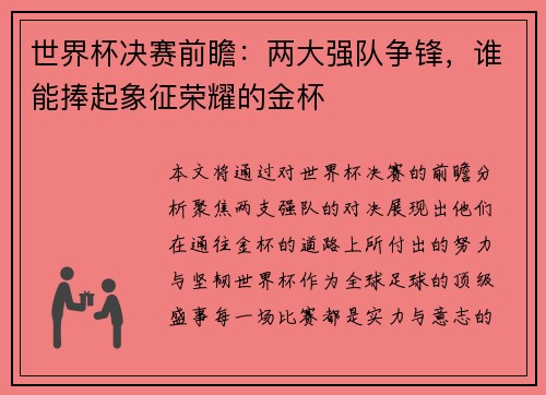 世界杯决赛前瞻:两大强队争锋,谁能捧起象征荣耀的金杯